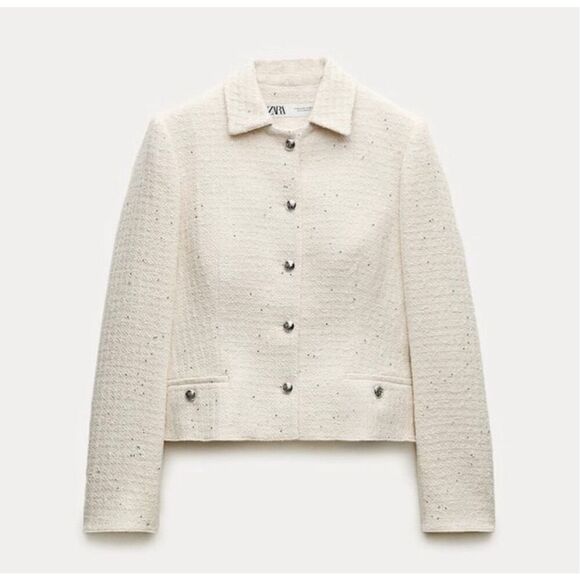 Zara Jackets & Blazers - Zara Women's Cream Textured Cotton Fitted Jacket w/Silver Sequin Appliqués